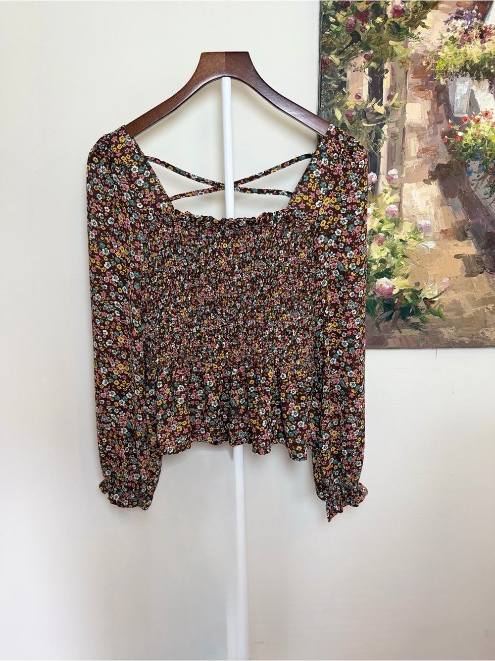 MINE Floral Smocked Peasant Blouse Open Back Criss-Cross Straps Medium